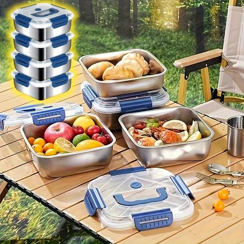 4 stainless steel leak proof food storage containers with blue lids microwave safe reusable rust proof ideal for fridge bento boxes suitable for outdoor cooking and meal essentials bento box must haves