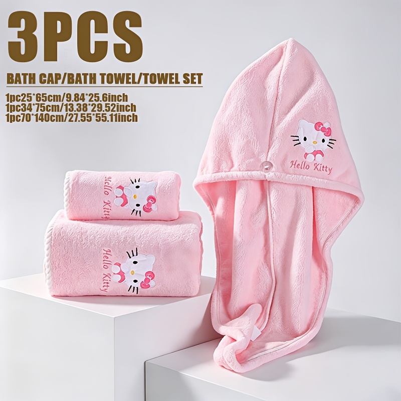 Hello Kitty 3pcs Towel Set - Coral Terry Quick-dry Towel And Body Towel, Bath , Featuring Hello Kitty Characters, Adorable Face Hand Towel, Perfect For Room Decor Or Travel Hello Kitty Room Decor