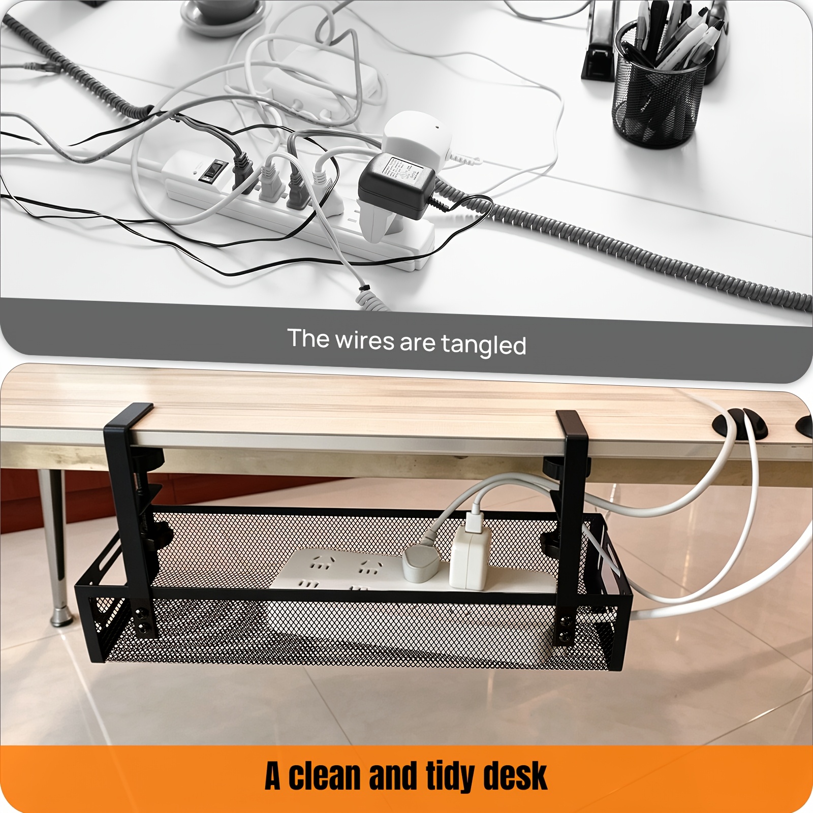 Under Desk Cable Management Tray with Clamp Mount, No Drill Installation