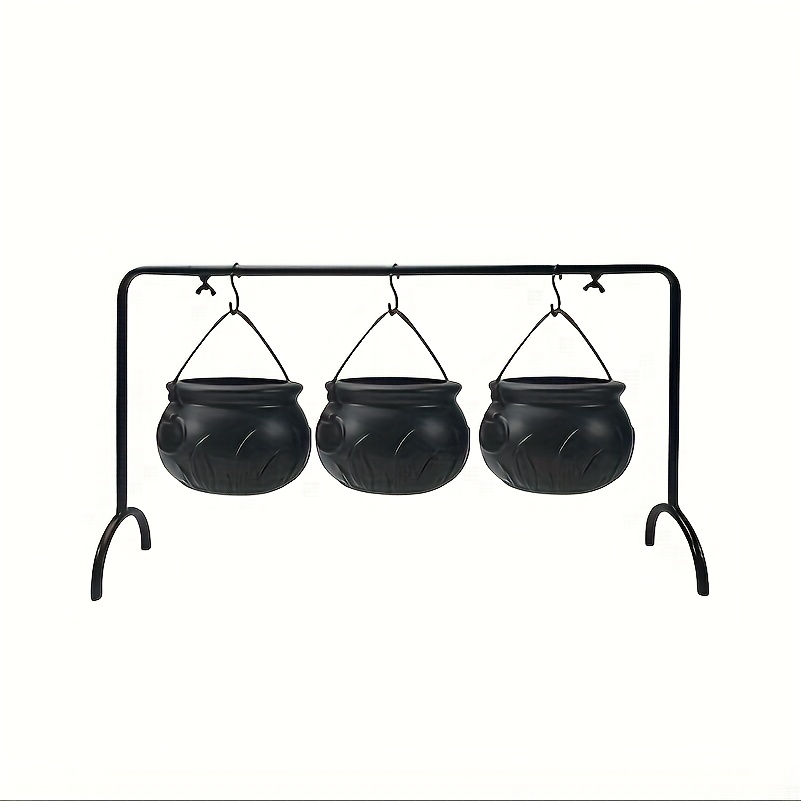 Halloween Party Decorations - Set Of 3 Witches' Cauldron Serving Bowls On Rack, Plastic Cauldron For Indoor Outdoor Home Kitchen Decoration, Witch Buckets, Candy Cans, Witch Cans, Tableware, Shelving