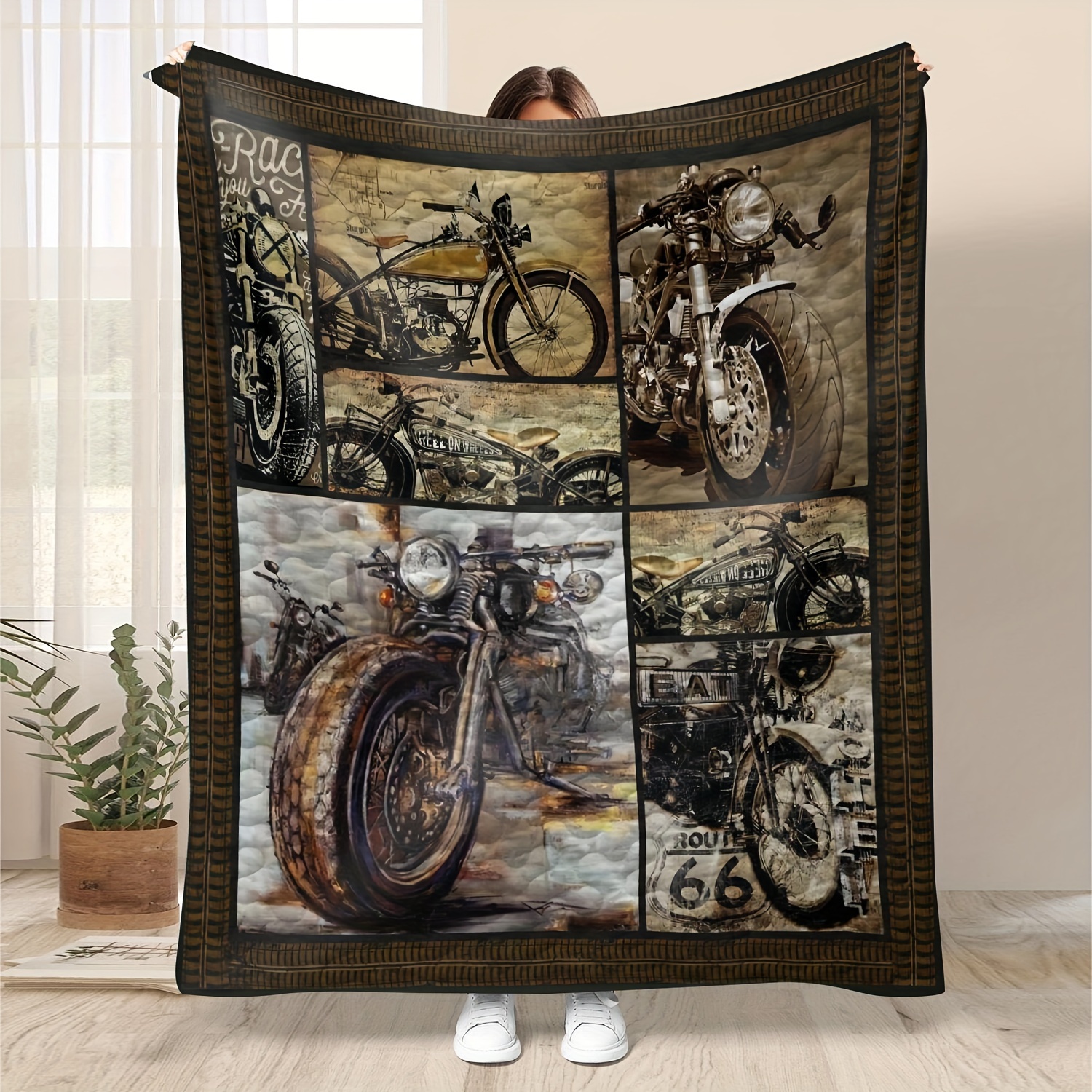 

1pc Vintage Motorcycle Collage Soft Fleece Throw Blanket, Rustic Cabin Style, Cozy Sofa Blanket, Home Decor