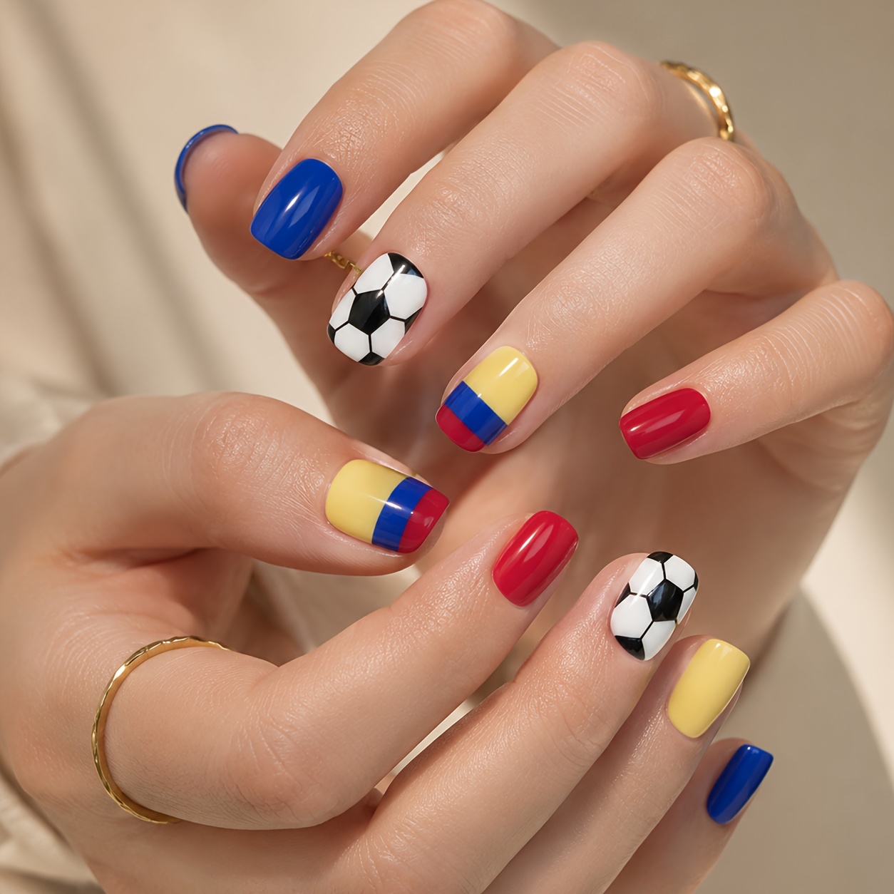 TEMU 24pcs Football-themed Press-on Nails, Western Short Square Toe Yellow Blue Red Tricolor Flag Matching Fake Nails, Football Print Nail Art