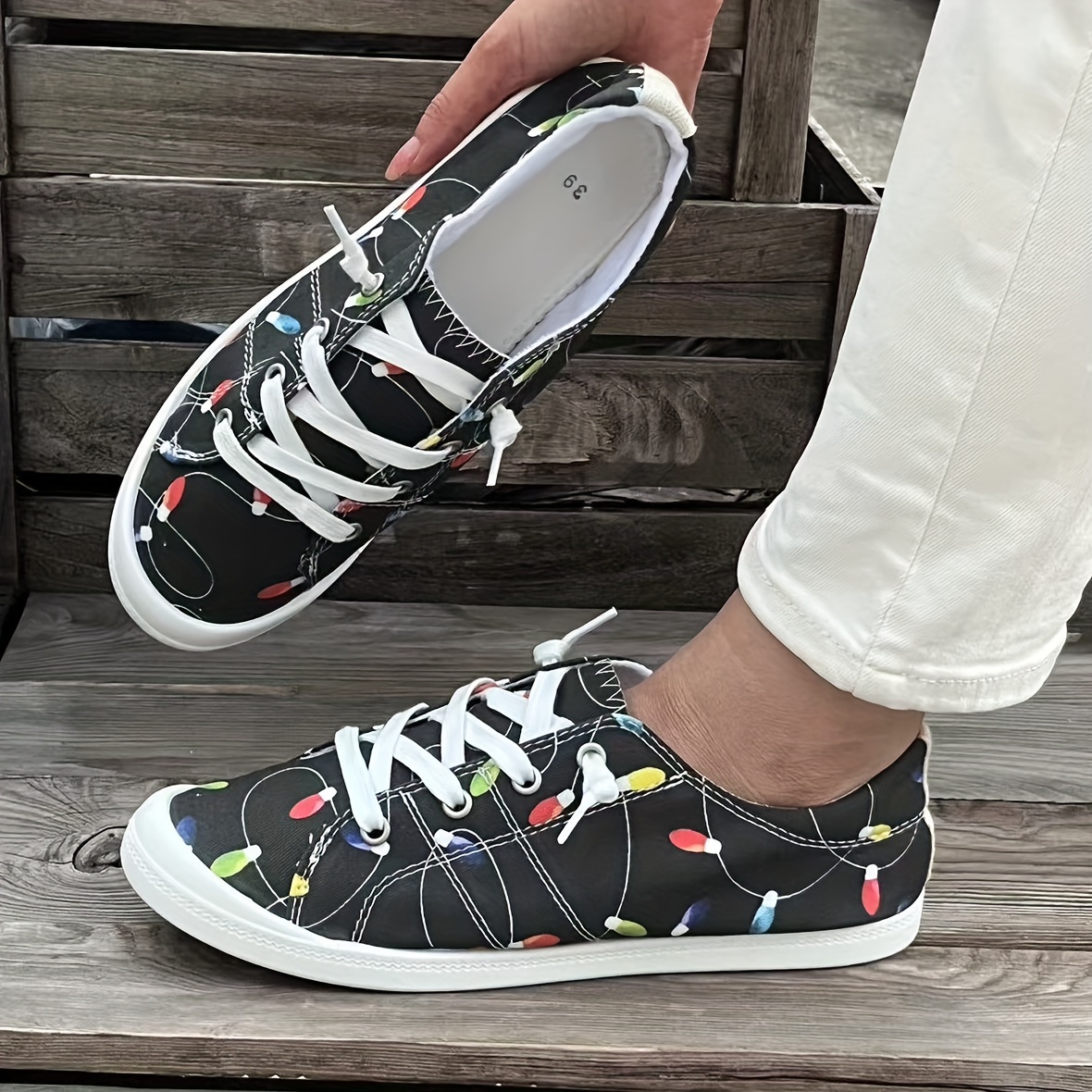 

Women's Comfy Slip-on Canvas Sneakers - Colorful Lights Design, Soft Sole Casual