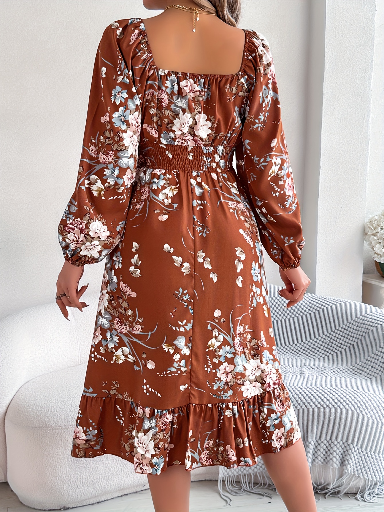 elegant floral print long sleeve square neck - Temu