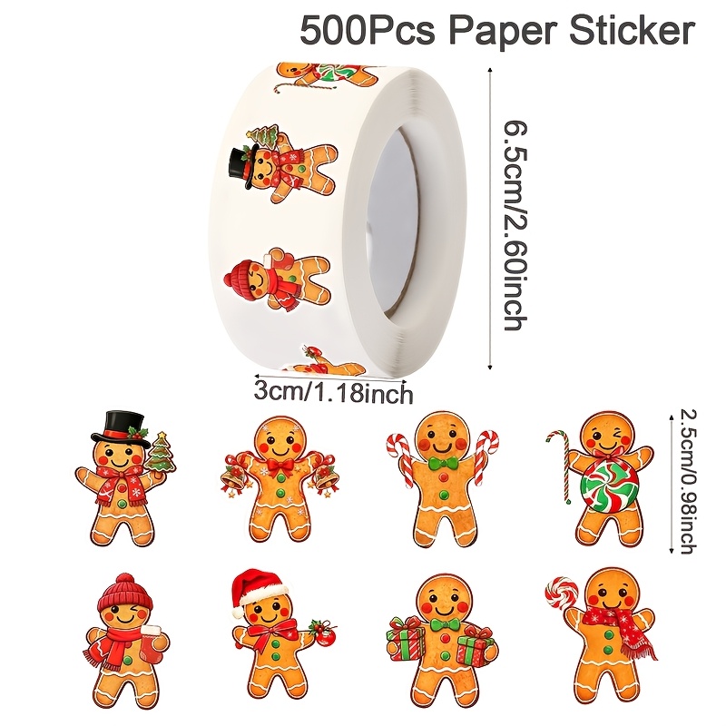 TEMU 500 piezas/rollo de pegatinas festivas de Navidad - Lindo diseño de hombre de jengibre, etiquetas navideñas de papel para regalos festivos,