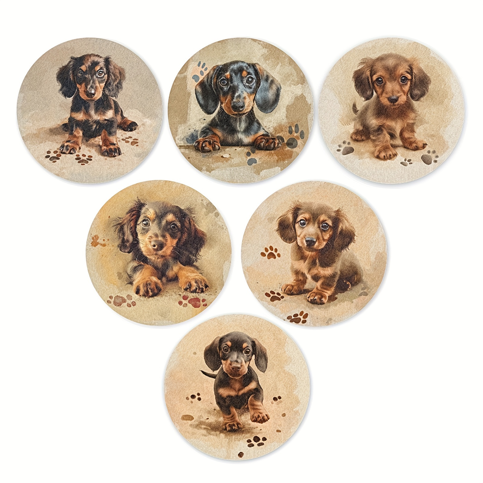 

6pcs Cute Dachshund Pattern Round Absorbent Coaster Coffee Cup Mat Mat Mug Mat Moving Gift Kitchen Supplies Home Decoration Coffee Shop Decoration