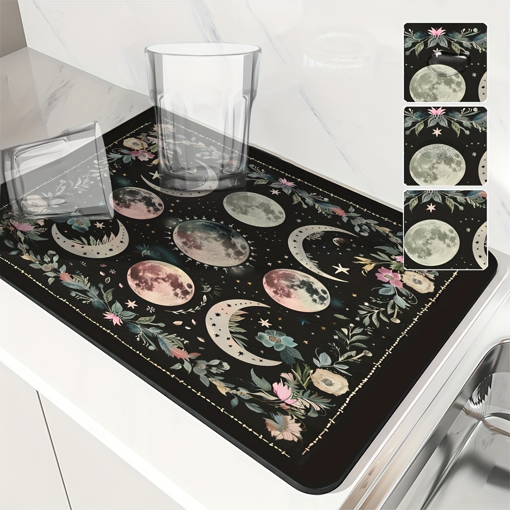 

1pc, Dish Drying Pad, Espresso Machine Countertop Absorbent Pad, Moon Phase Printed Washstand Drain Mat, Soft Faucet Absorbent Mat, Washstand Cup Mat, Kitchen Accessories, Bathroom Accessories