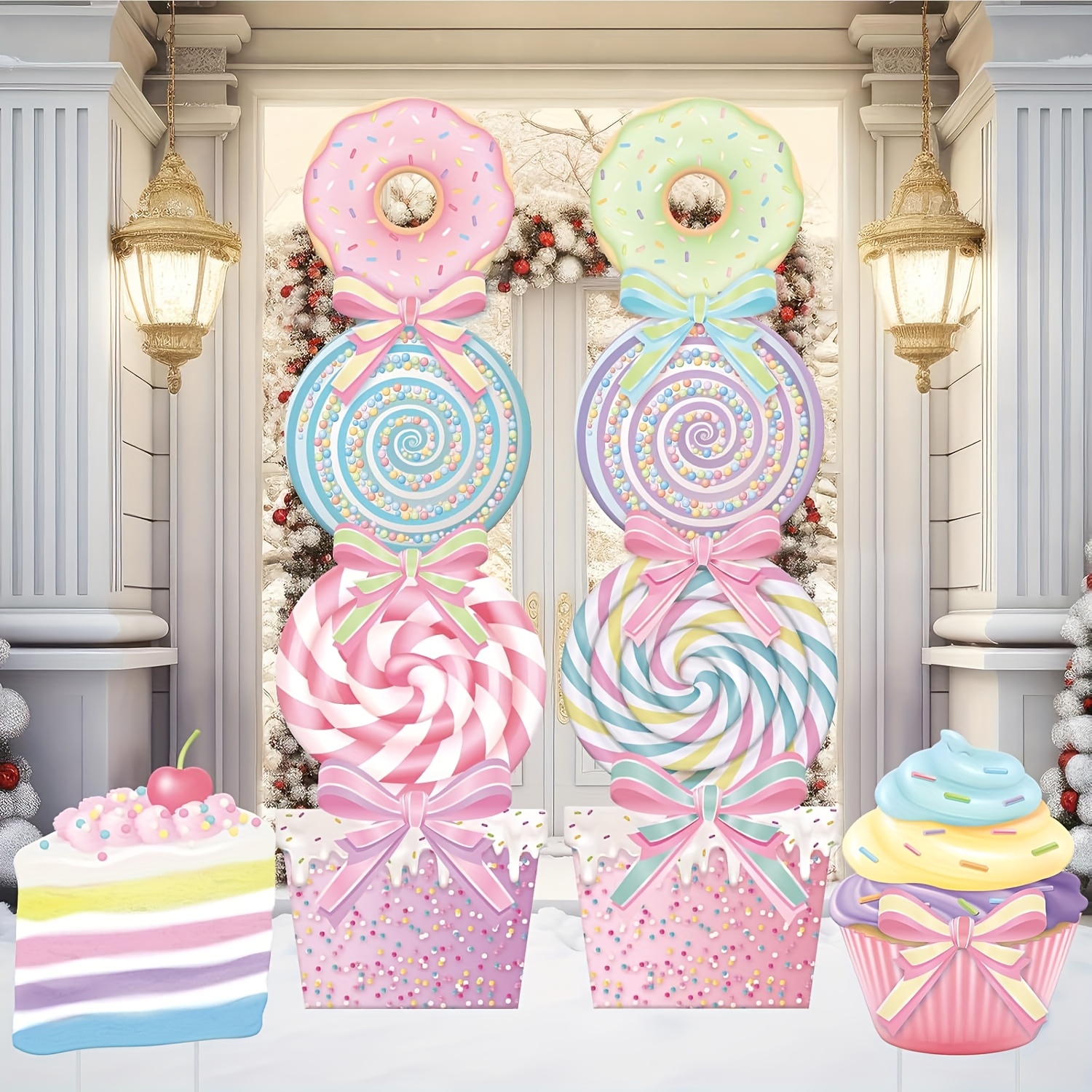 TEMU Décorations de Noël 2D plates, 4 pièces, pour l'extérieur, Grandes panneaux de pelouse de Noël pastel Candyland avec piquets et nœuds, ornements