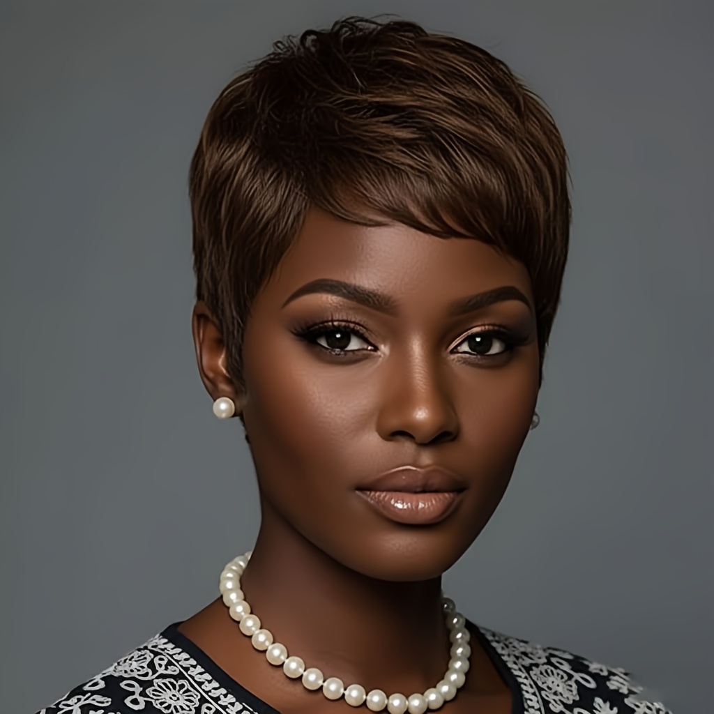TEMU Cut Wigs Human Hair With Layered Bang, Brown Short Straight Cut Wig Glueless No Lace Wig For Daily Christmas Day Elegant Short Human Hair Wigs
