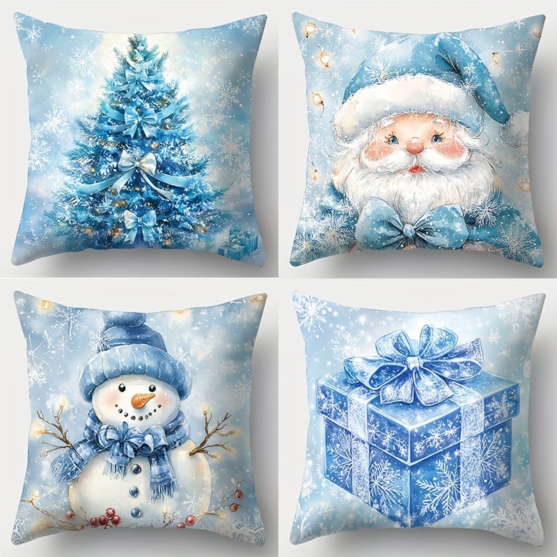 

4 Pieces Christmas Themed Pillow Covers: Contemporary Style, Soft Fabric, Single-sided Printing, Blue Christmas Trees, , And Gift Boxes