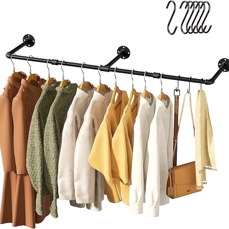 TEMU Wall Mounted Clothes Rack, 73.5in Industrial Pipe Clothing Rack For Hanging Clothes, Space-saving Closet Rod, Hanging Rod For Bedroom, Laundry Room, 3 Base (1 Pack) Clothes Drying Rack