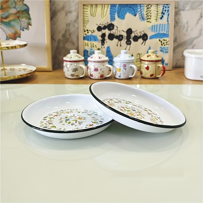 

Vintage Floral Enamelware Bowls - 8.3" Round Serving Platters With Flat Bottom And Slight Lip, Perfect For All Seasons - Set Of 2