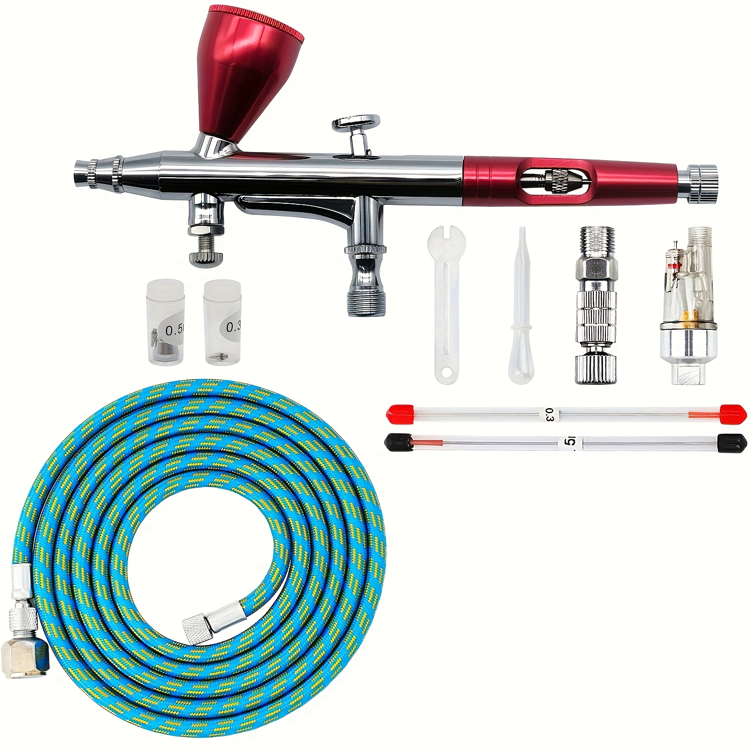 Image of Airbrush Kit Spray Gun, Air Brush For Painting Set With 0.3, 0.2, 0.5mm Needles/nozzles/air Cap, 1/3 Oz Paint Cup, Air Hose, For Model, Painting