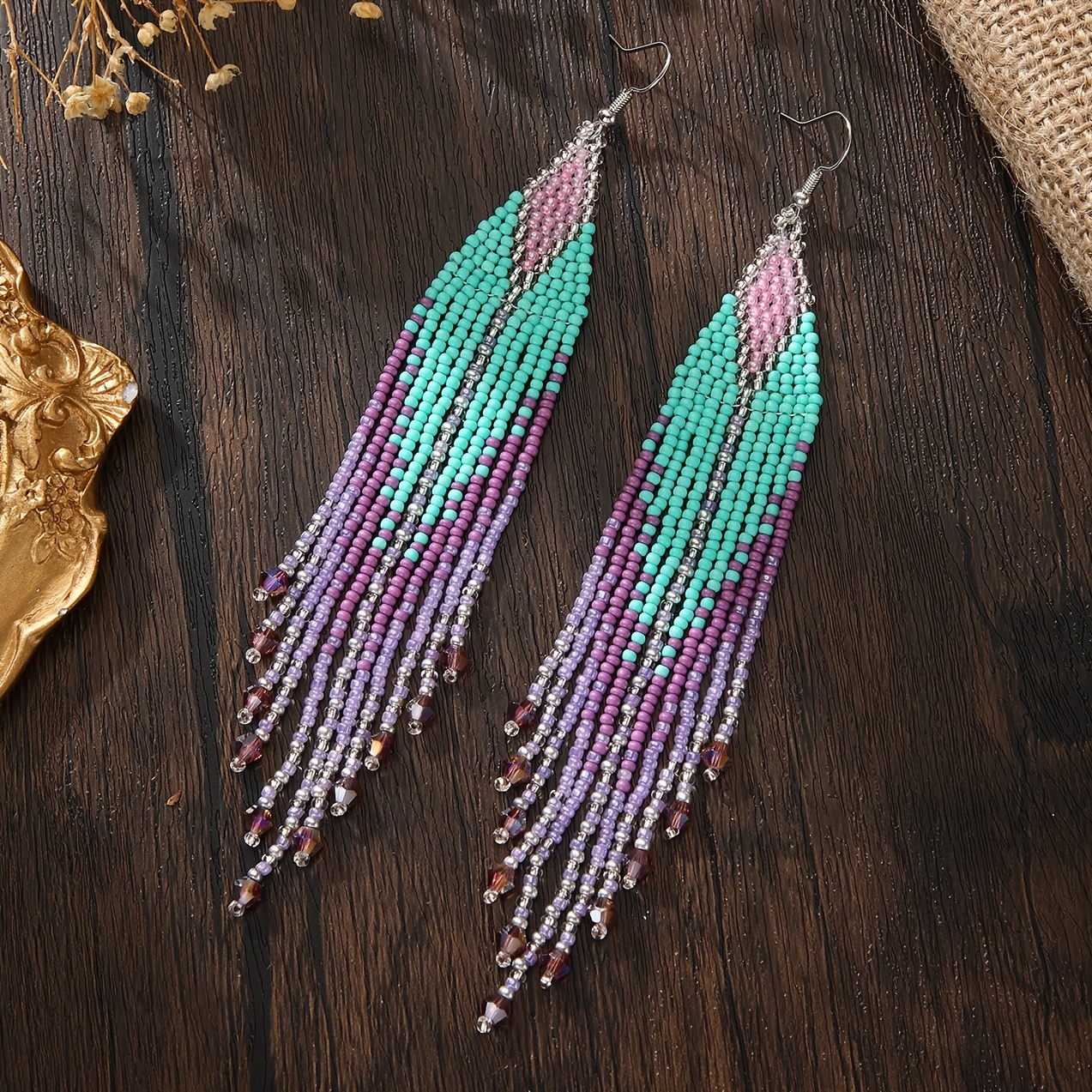 Women's Handmade Mint & Lavender Seed Bead Tassel Dangle Earrings