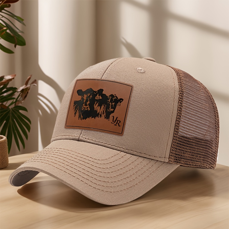 E-shop Baseballkappe aus Kunstleder mit "Two-Cow" Gravur, leichtes Mesh-Design, atmungsaktiv, schweißableitend, Entenzungenkappe, Outdoor-Freizeit,