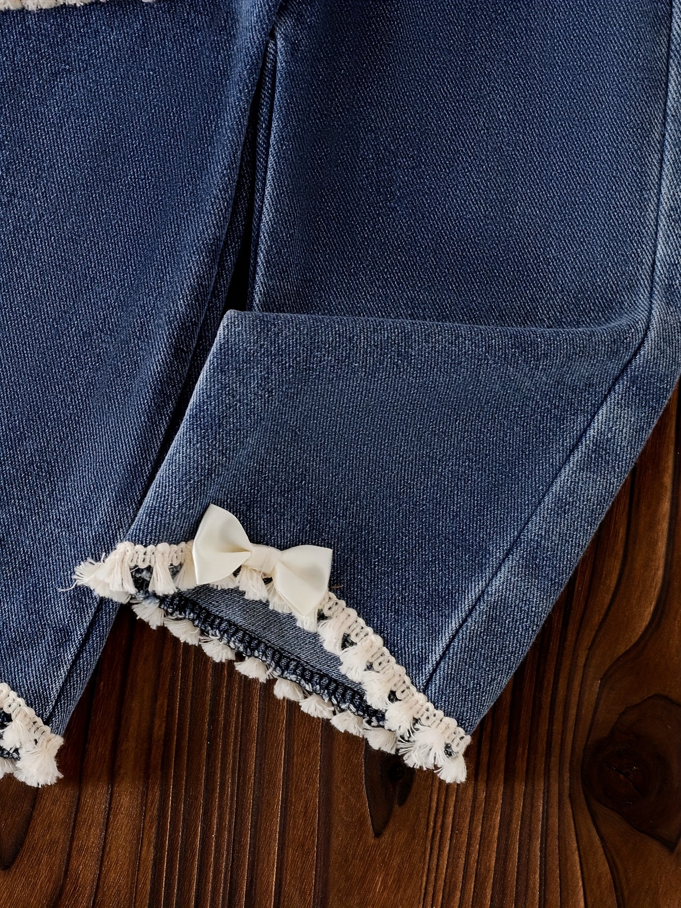 girls stylish simple bohemian 2pcs set long sleeve round neck t shirt with 3d bow and fringe trim elastic waist denim pants   outdoor Product details 2