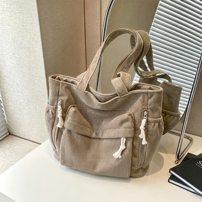 TEMU Women's Lightweight Corduroy Crossbody Bag With Adjustable Strap And Zipper Closure. Fashionable Solid-color Shoulder Bag In Black, White, Or