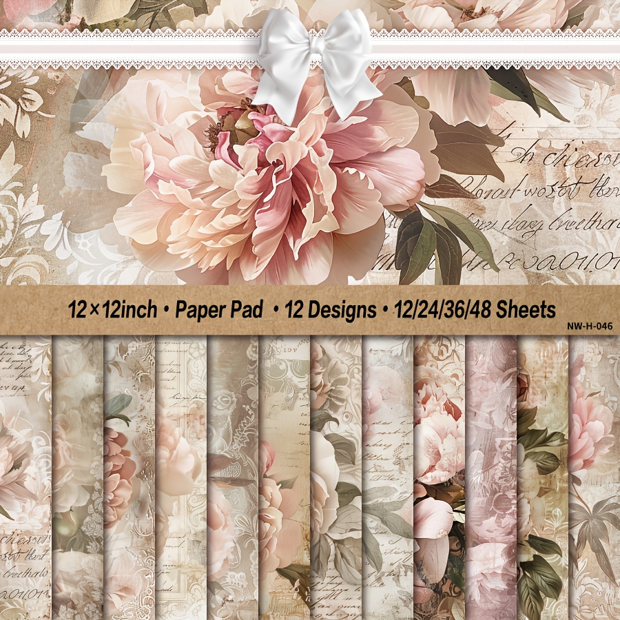 

12x12 Inch Paper Pad, Elegant Floral Paper, 12/24/36/48 Sheets, Art Crafting Cardstock For Scrapbooking, Card Making, Diy Projects With Pink