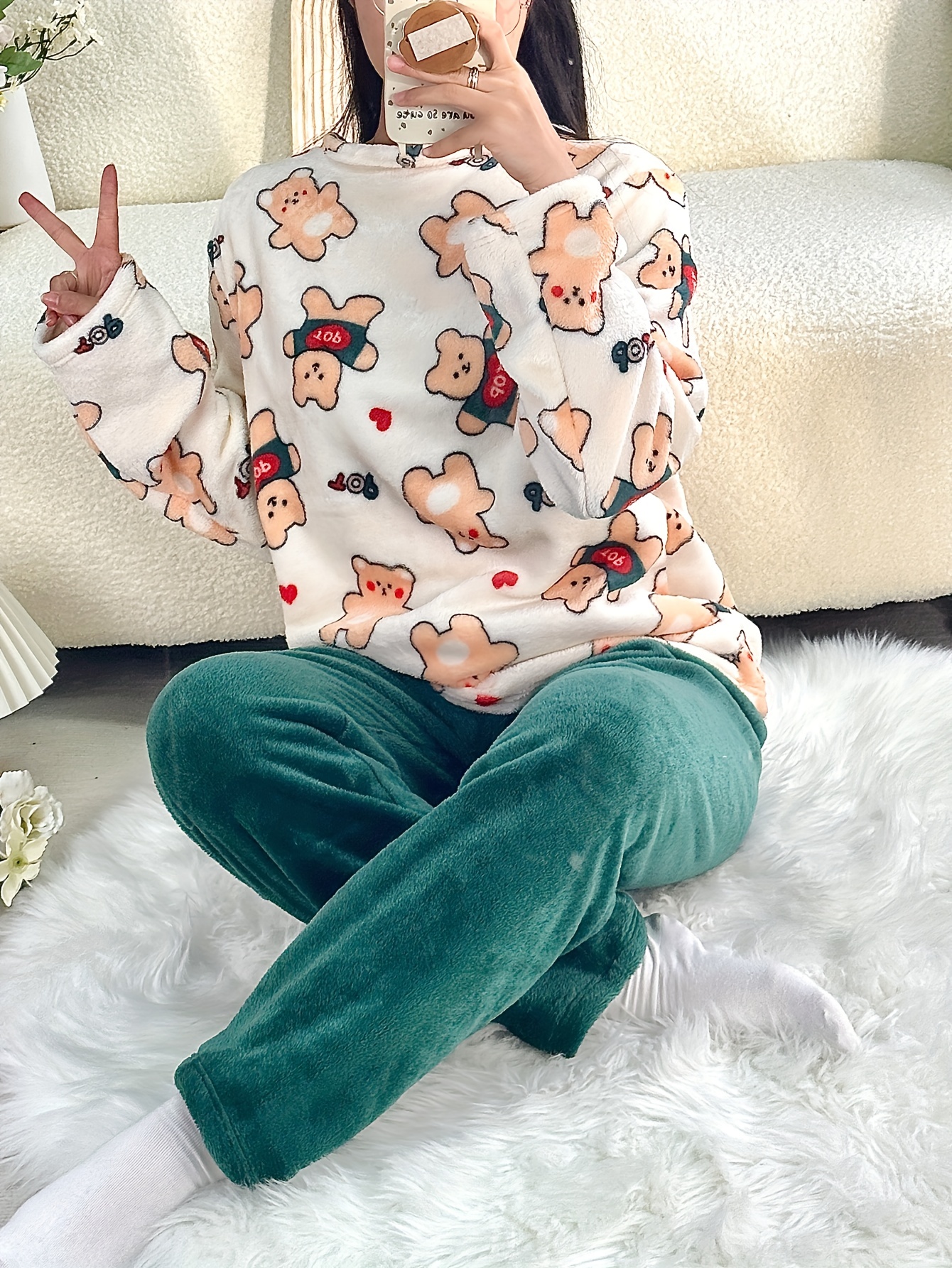 conjunto pijamas franela mujer otoño invierno (2 piezas) Temu Brazil