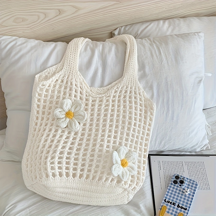 TEMU Y2k Style Large Women's Handbag With Crocheted Flower Embellishment - Suitable For For Shopping, Beach & Vacation, Lightweight Shoulder Bag,