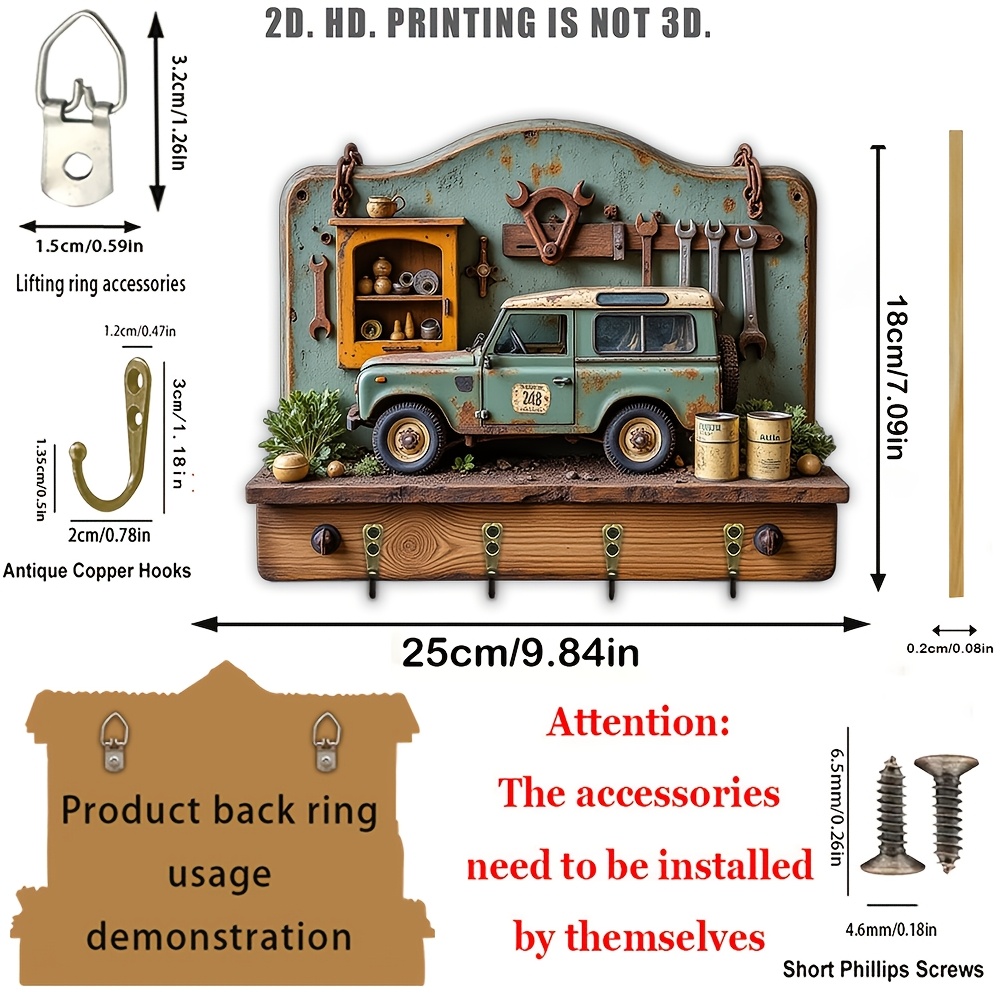 E-shop 2D Retro-Schlüsselbrett aus Holz, autoformig, mit vier Metallhaken, für Wanddekoration, Verandadekoration, Raumdekoration, Villadekoration,