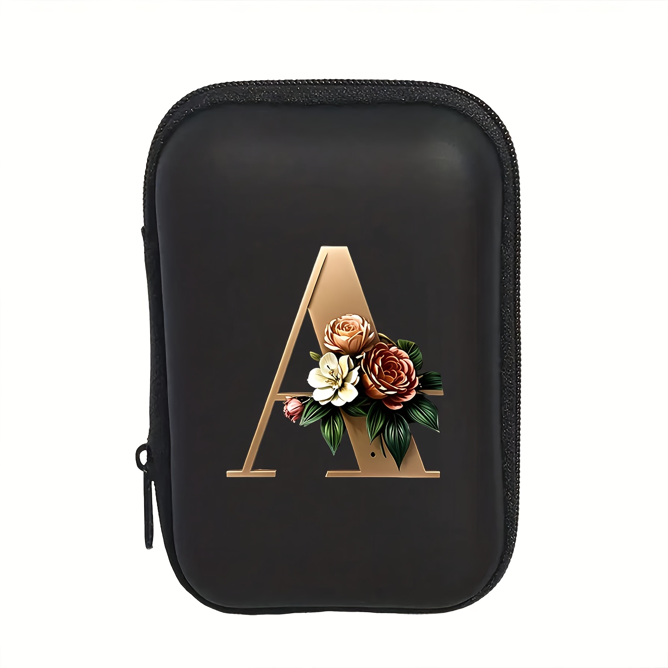 TEMU Bolsa de almacenamiento portátil para cables de con de flores metálicas A-Z, bolsa digital con cremallera, bolsa para auriculares y cargadores,