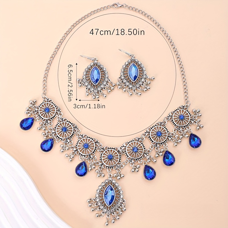 vintage exquisite flower pattern synthetic gems inlaid dangle earrings necklace luxury ethnic style silver plated jewelry jewelry set gifts for women gifts for eid details 3