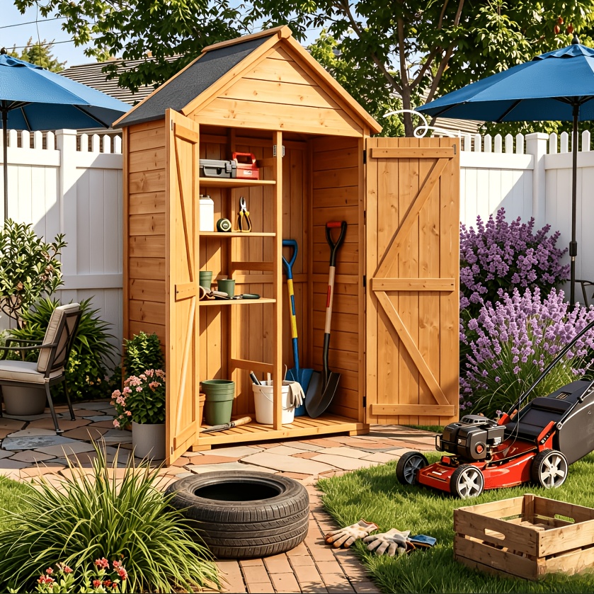 84*45*170cm Double-layer Partition Outdoor Storage Cabinet, Wooden Shed With Bottom Plate & Lockable Design, Movable For Courtyard Terrace Lawn, Temporary & Removable