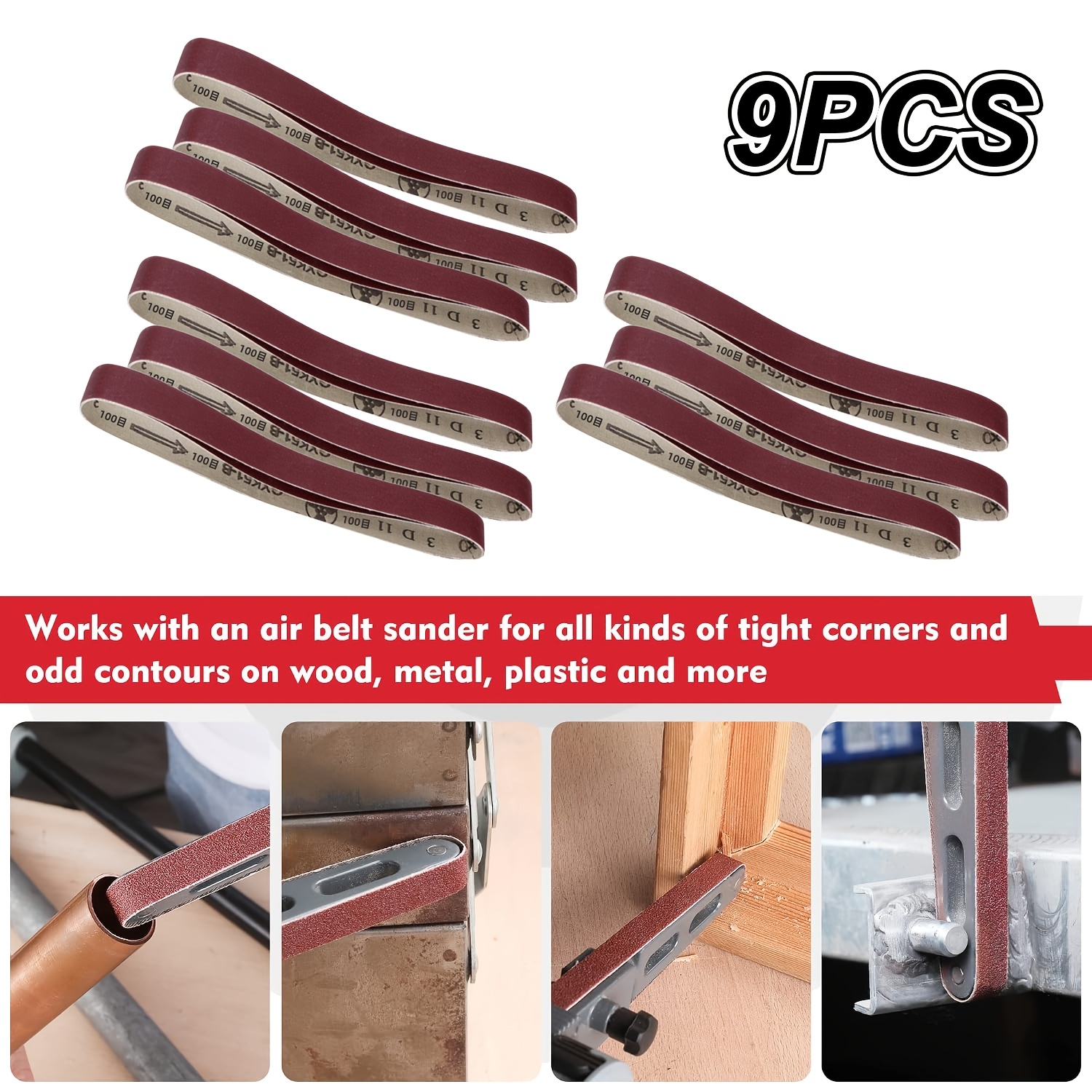 9pcs P100 Grit Sanding Belt for Pneumatic Belt Sander