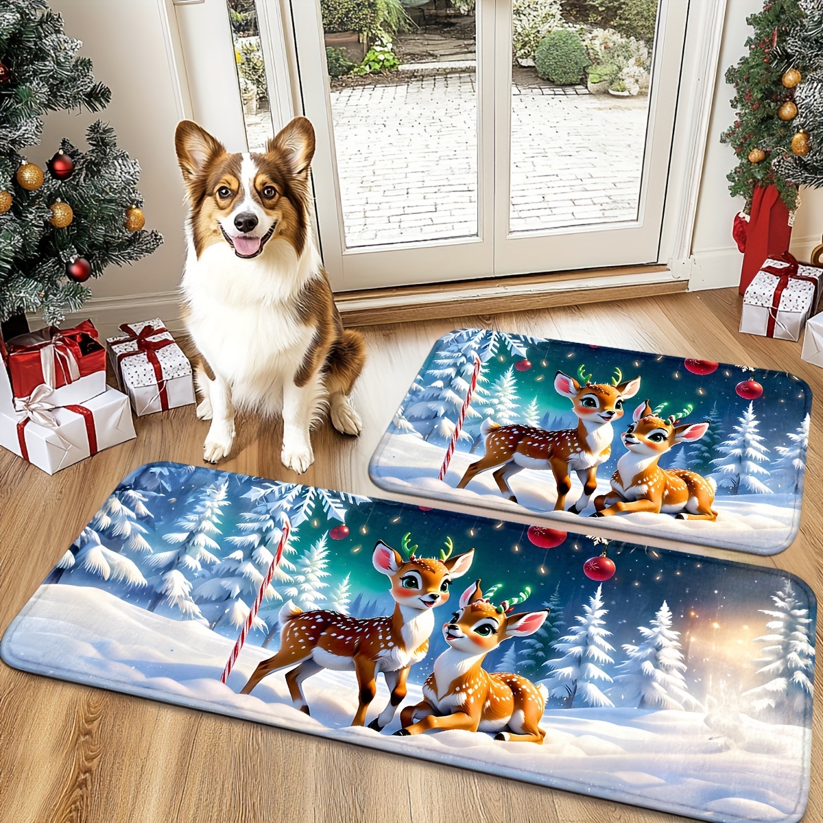 

Christmas Deer Print Non-slip Area Rug - Machine Washable Polyester Knit Mat For Bathroom, Kitchen, Bedroom, Living Room, Office - Festive Holiday Themed Decoration, Machine Made, Under 1.8m