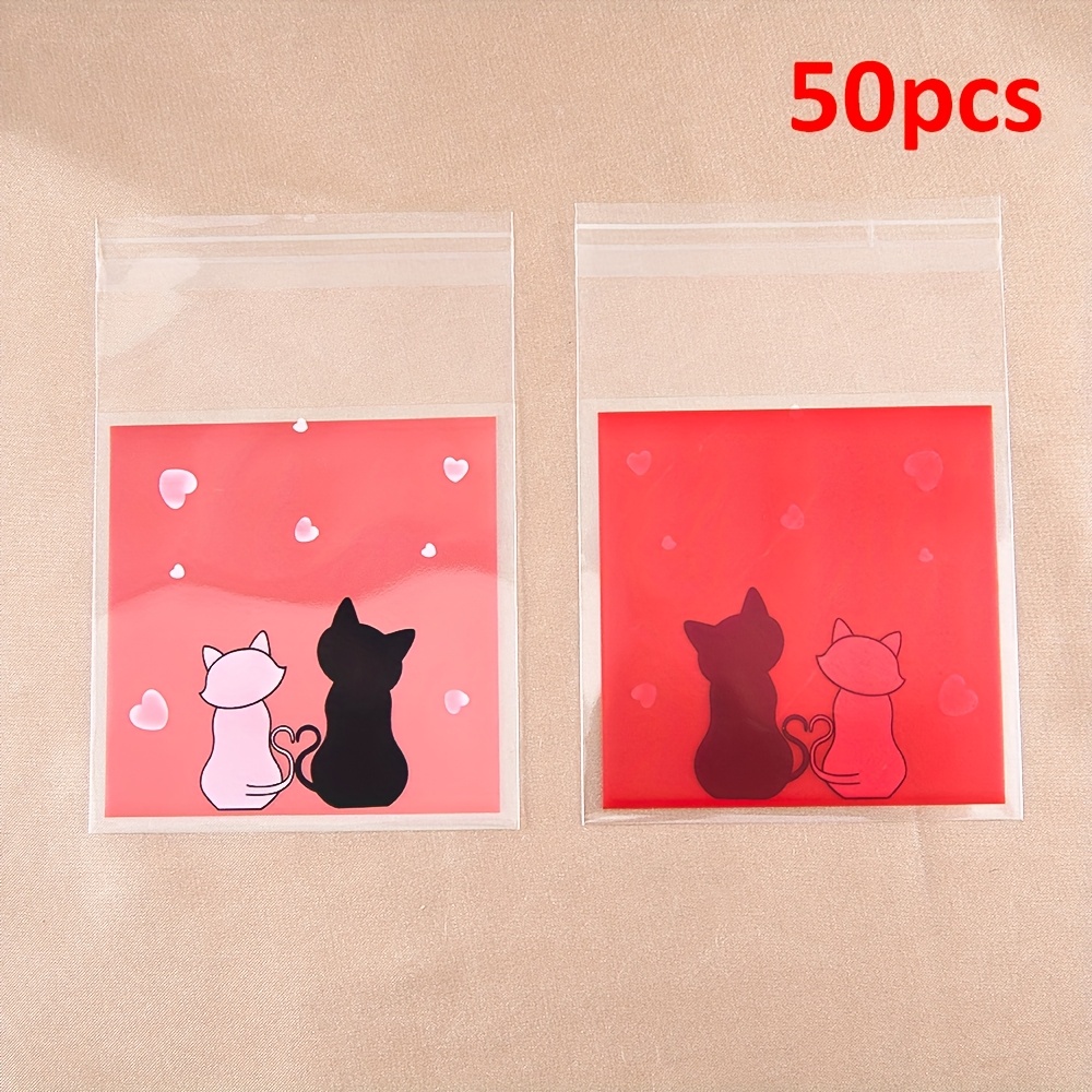 TEMU 50pcs 7X7Cm Sacs OPP Auto-scellants en Plastique Chat Cartoon, Sacs de Rangement pour Emballage de Bijoux