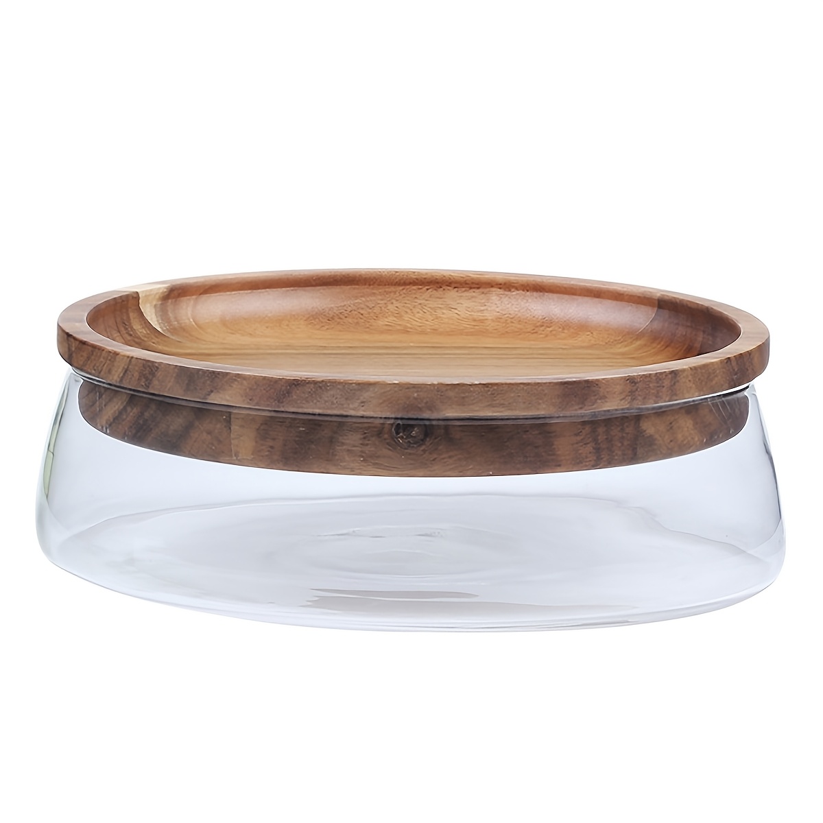 TEMU 1pc Glass Bowl With Wooden Lid, Food-safe Glass Food Container For Nuts, Fruits, Cereals, Candy, Decor, Modern Kitchenware, Double Layer .
