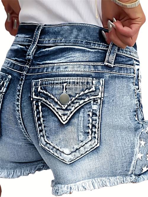 chic womens stretch denim shorts fit with embroidered ripped detail distressed washed blue jeans shorts with hem 100 polyester machine washable