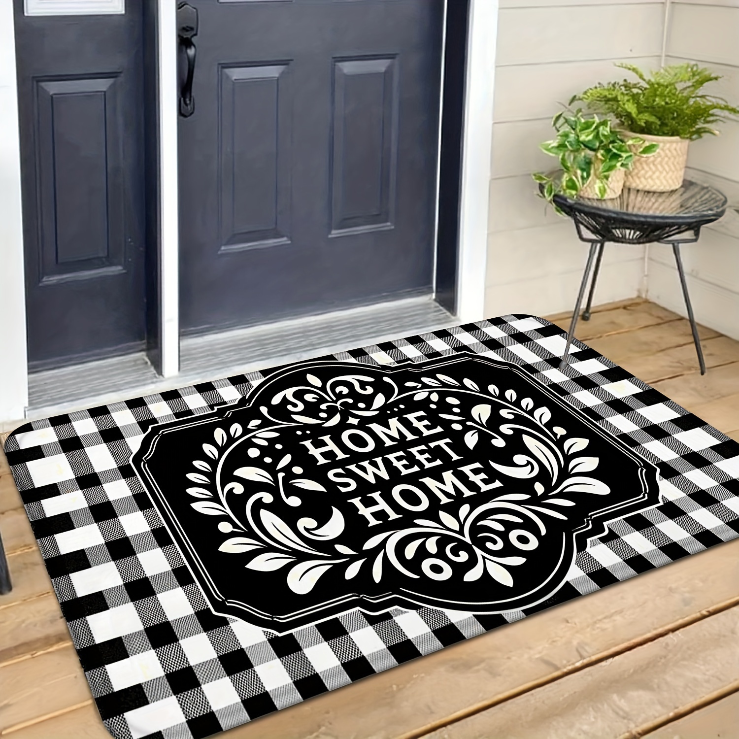 1pc door mat, non-slip, durable floral black and white checkered
