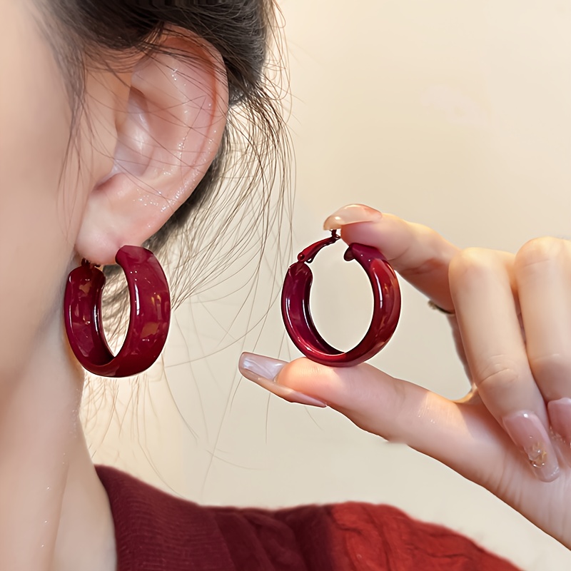 Vintage Red Hoop Earrings Large Circle for Autumn & Winter