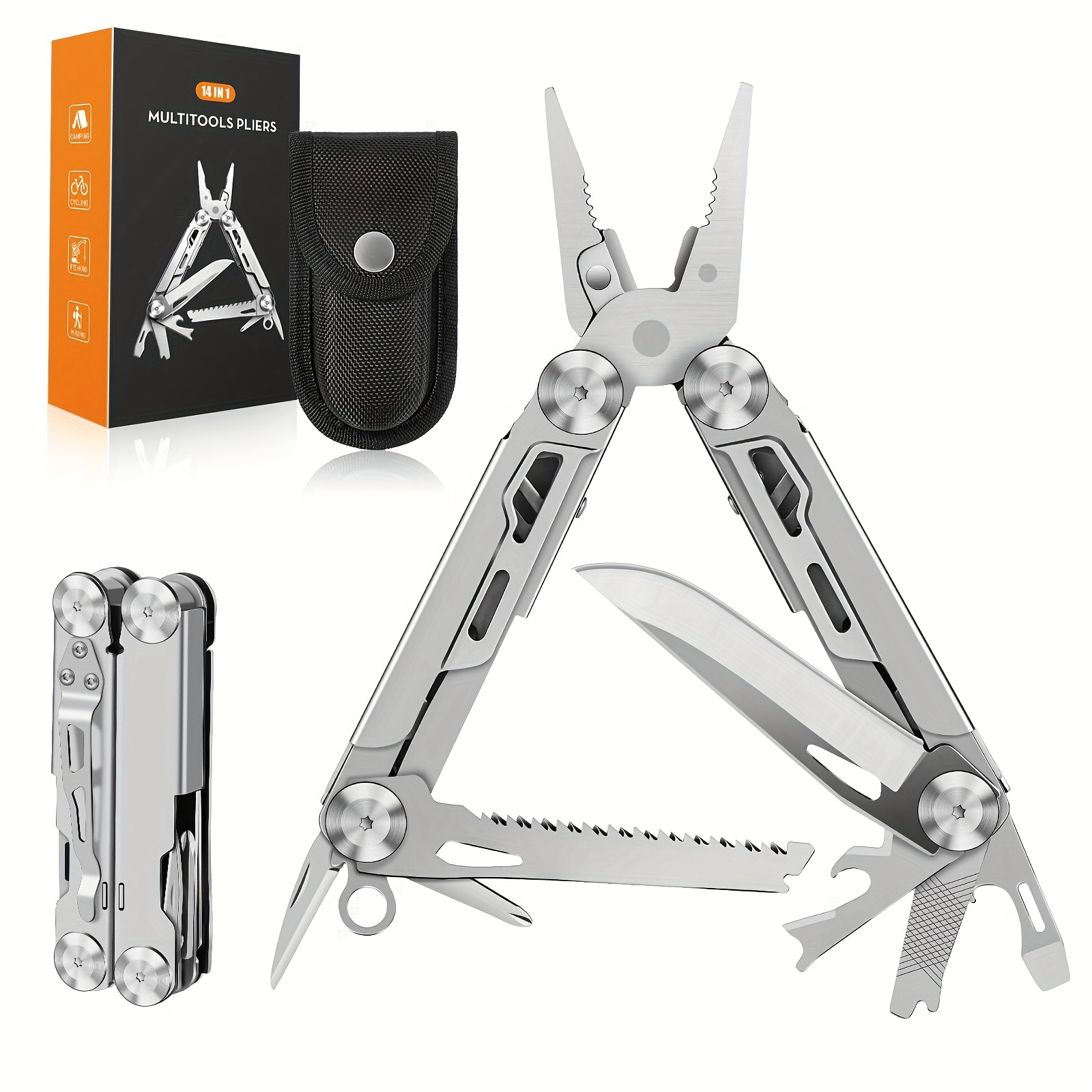 

Multi Tool, Gifts For Men, 14-in-1 Stainless Steel Foldable Multitool Pliers With Wire Cutter, Knife, Saw, Screwdrivers, Bottle/can Opener, Paper Knife, Edc Gadgets For Camping, Repairing, Diy