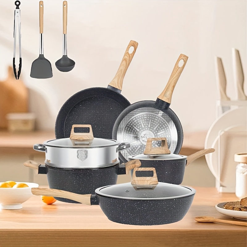 

12/5 Pots And Pans Set Cookware Set, Cooking Set Including Frying Pan, Saucepan, Steamer, Silicone Spatula Spoon And Tongs; Kitchen Utensils, Cooking Tools, Gifts For Friends, Gifts For Elders