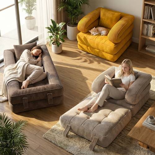 Folding Sofa Bed, Single Chair Bed with Backrest and Pillow, Space-saving Single Bed Suitable for Living Room, Bedroom, Apartment, Gray and Orange, Bean Bag Chair, Living Room Furniture, Frameless Sofa, Living Room Sofa Cushion