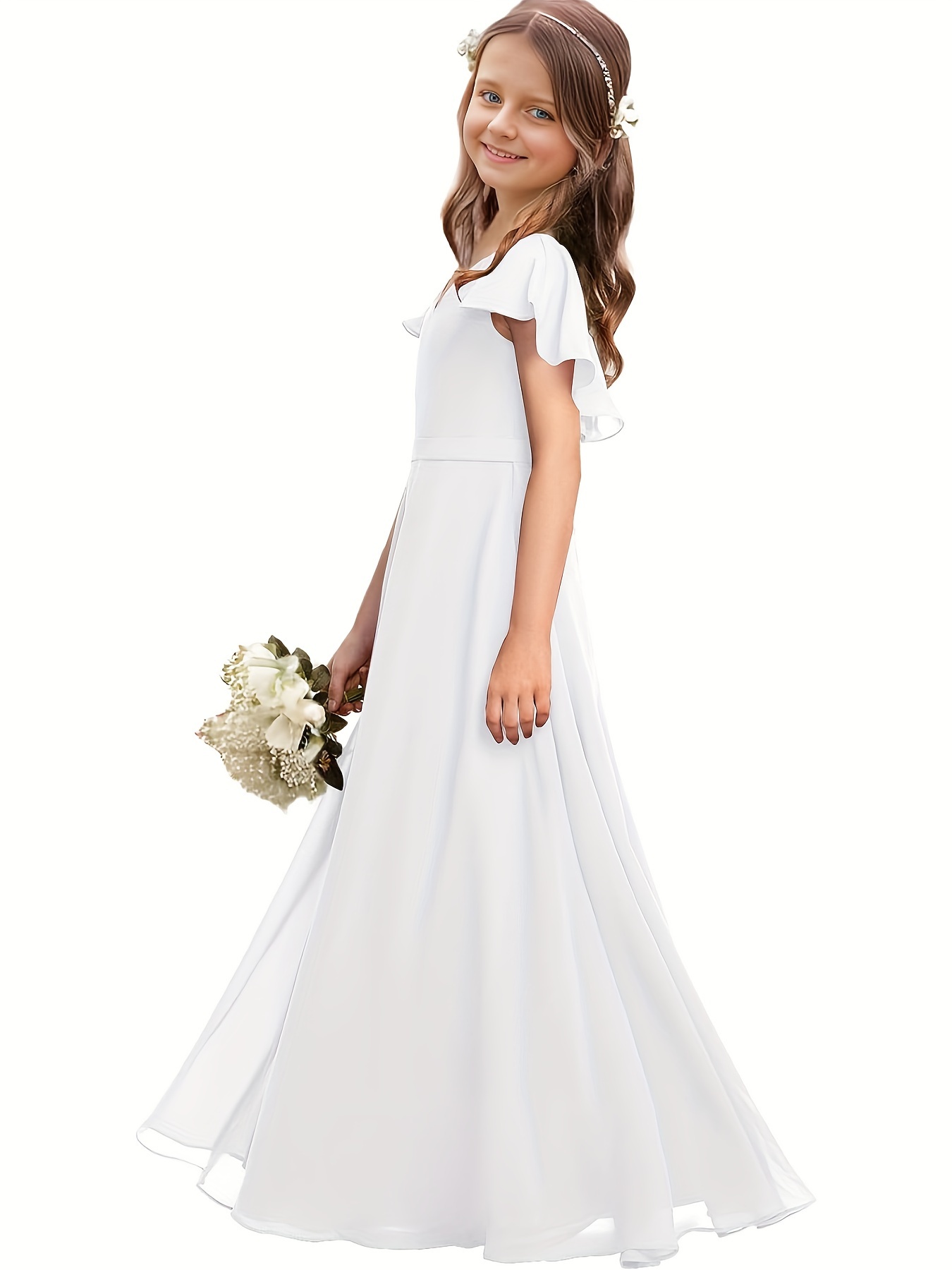 Revelry Flower cheapest Girl / Junior Bridesmaid Dress White Pearl Chiffon