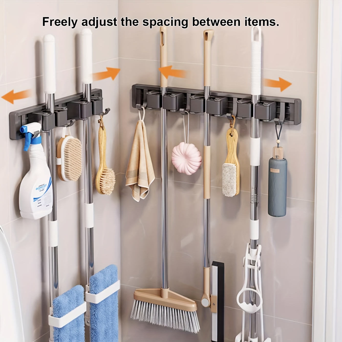 1pc Bathroom Storage Rack Metal Mop & Broom Holder with Adjustable Hooks, Wall-Mounted Storage Organizer for Home, Kitchen, Garden, Laundry, Garage - Lacquered Finish, Space-Saving Shelf for Mops, Brooms, Tools, Shelves