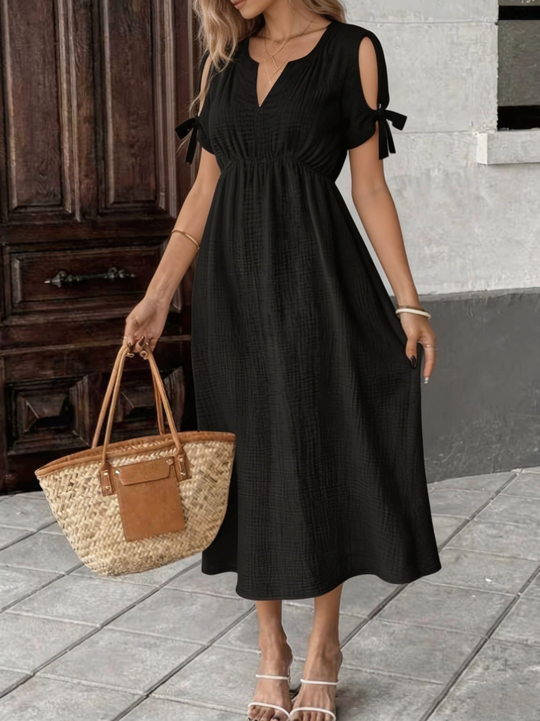 Women'S *-Length Dress, Bohemian Style Dress, A-Line Dress, Summer Dress, Pleated Dress, Elegant And Fashionable, Modern Casual Daily Outdoor Loose Fit, Solid Color Short Sleeve V-Neck