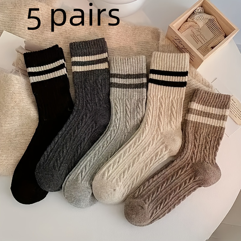 TEMU 5 Pairs Women's Spring Autumn Thin Striped Cable Pattern Japanese All-match Mid-calf Socks