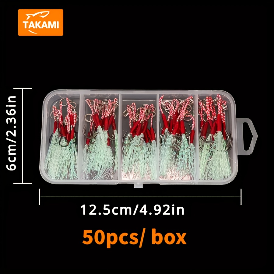 Image of Takami | 50pcs/pack Slow Fishing Metal Hooks With Barbed Feathered Saltwater Hooks Set, Reinforced Treble Hooks With Feathers, Anti-corrosion Saltwater Hooks, Barbed Feathered Fishing Hooks