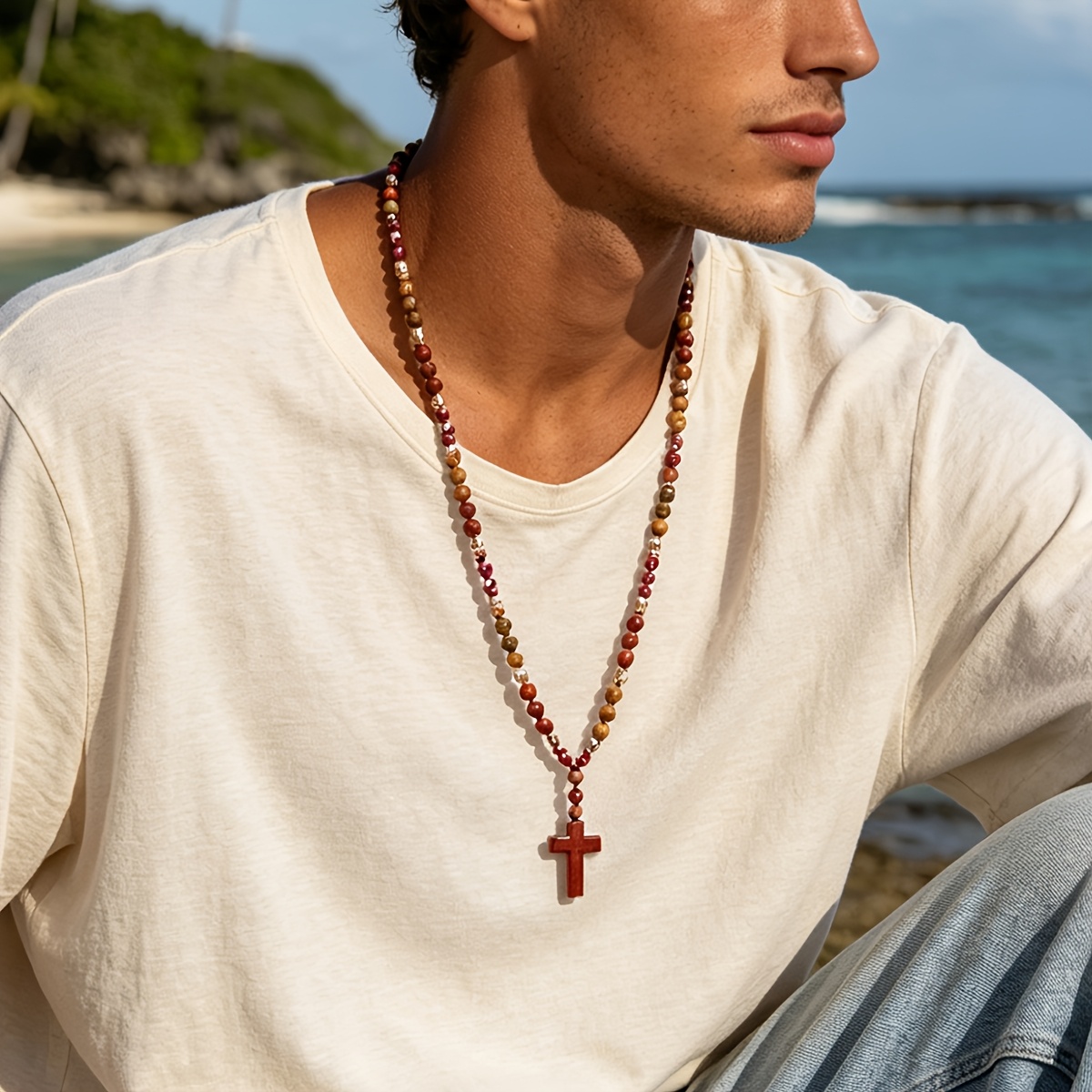 Women's Boho Red Jasper Cross Long Pendant Necklace, Vintage Handmade