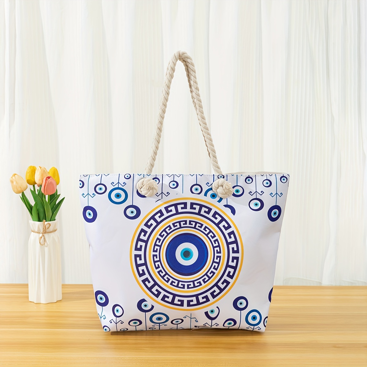 

Large Capacity Women's Beach Tote Bag, Mysterious Blue Circle Print, Casual Nylon Shoulder Bag With Comfortable Handles For Travel & Outdoor