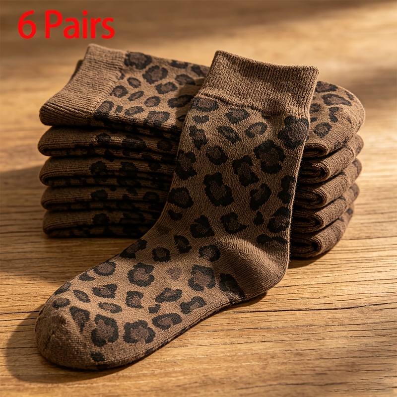 TEMU 6 Pairs Of Women's Vintage Leopard Print Mid-calf Socks, Soft And Casual Brown Vintage-style Mid-calf Socks, Suitable For Daily Casual Wear