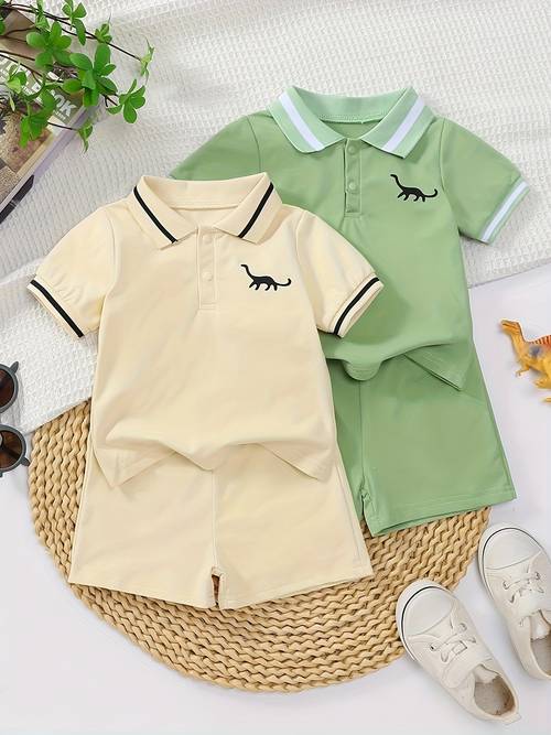 summer new boys collar casual sports dinosaur print short sleeve shirt and shorts 4pcs set outdoor