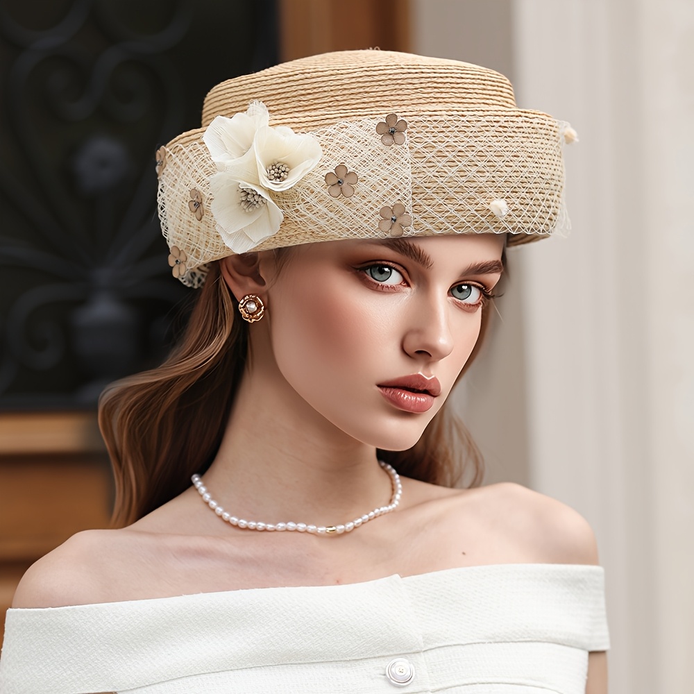 elegant womens straw beret hat floral accents breathable  display picture 2