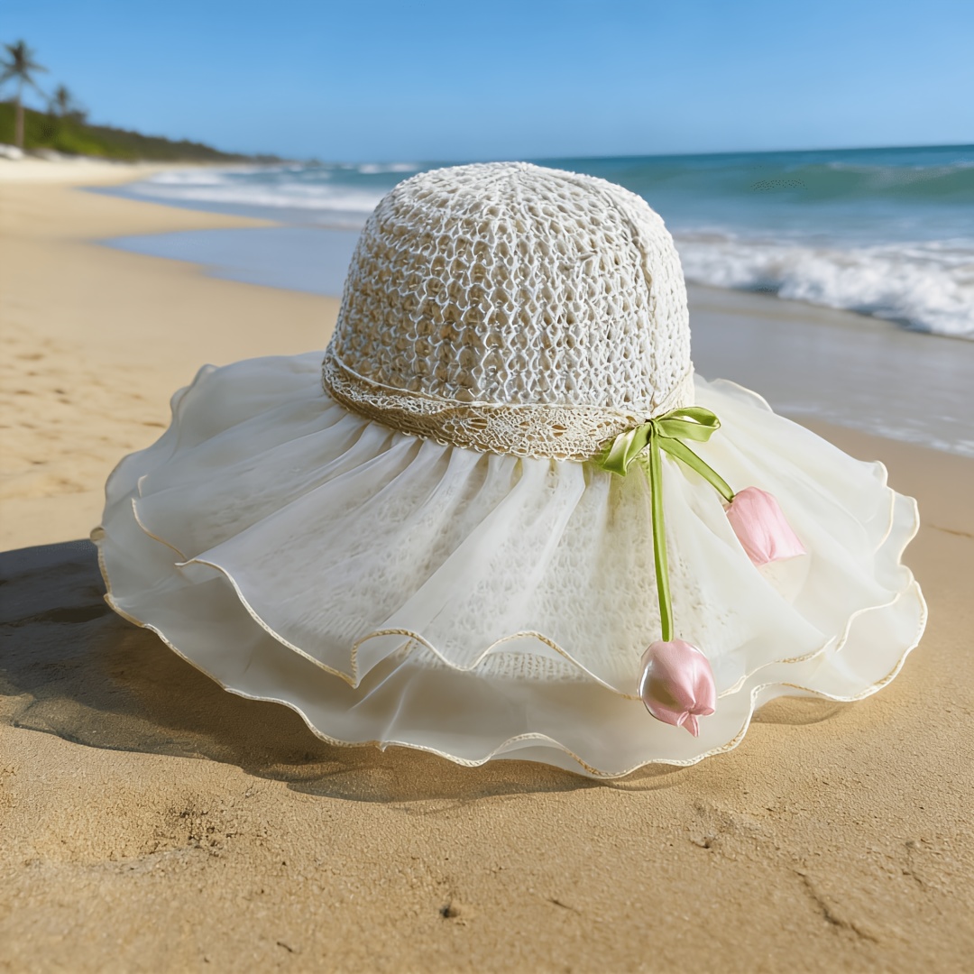 Mesh Decorated Summer Wide-brim Hat, Women's Sun Hat, Breathable Foldable Wide Brim Beach Hat, Hand Wash - Elegant Women's Travel Sun Hat, Tulip Decorated Mesh Decoration