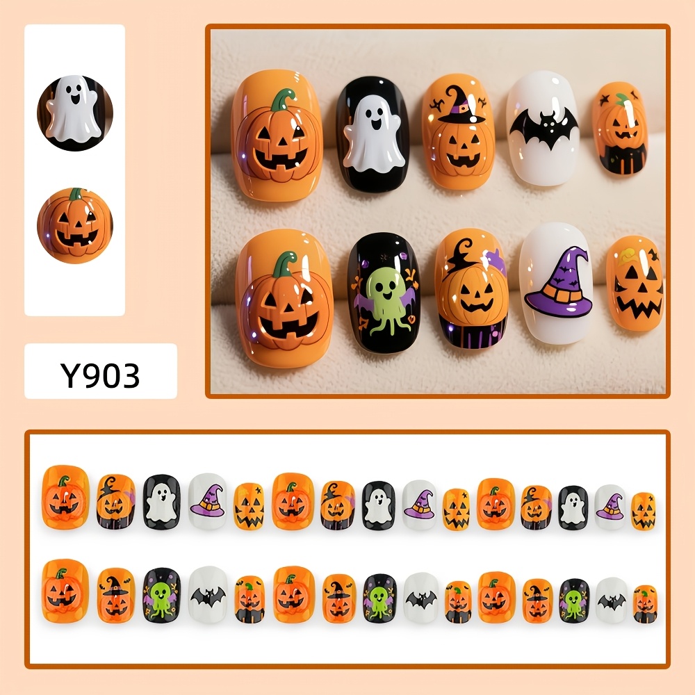 TEMU Améliorez Votre Look : 30 Ongles de Costume d'Halloween avec de Citrouilles et de . Chapeaux de Ronds et Courts et Nail Art de Chauve-souris.